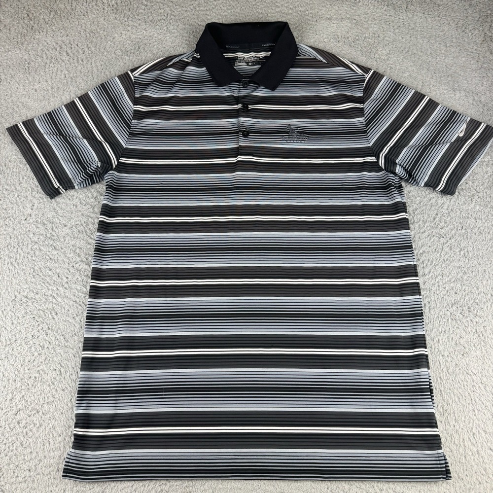 Nike Golf Polo Shirt Mens Medium Gray Black Striped Dri Fit Performance Stretch